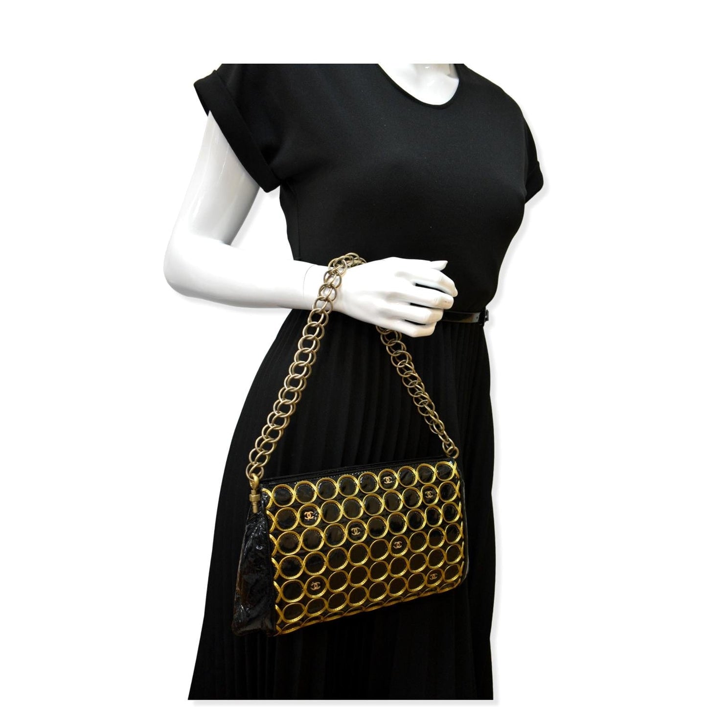 CHANEL CC Embroidered Patent Quilted Chain Clutch Bag Black/Gold