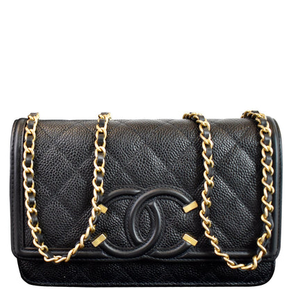 CHANEL CC Filigree Small Flap Caviar Leather Shoulder Bag Black