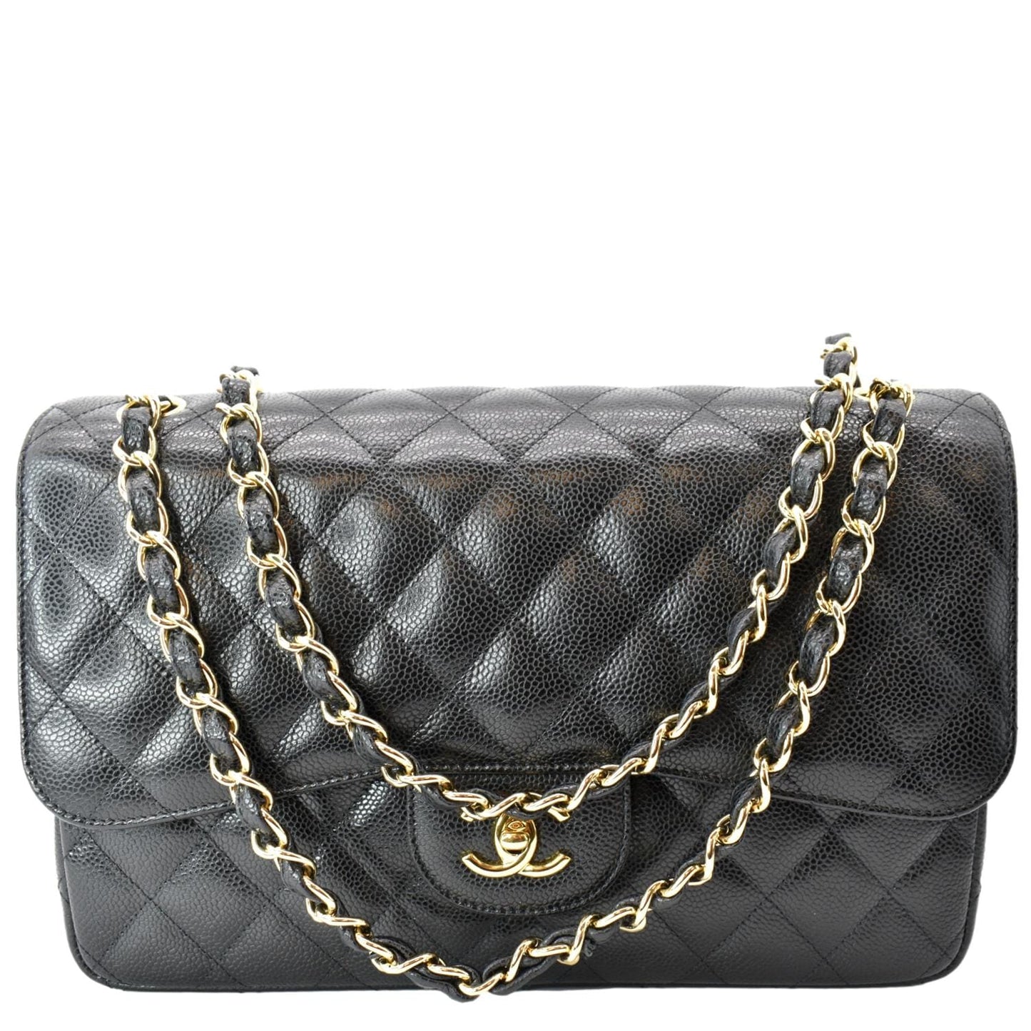 CHANEL Classic Jumbo Double Flap Caviar Leather Shoulder Bag Black