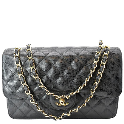 CHANEL Classic Jumbo Double Flap Caviar Leather Shoulder Bag Black
