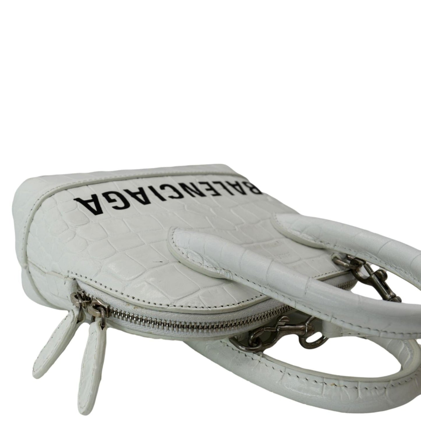 BALENCIAGA Ville Top Handle XXS Crocodile Leather Crossbody Bag White