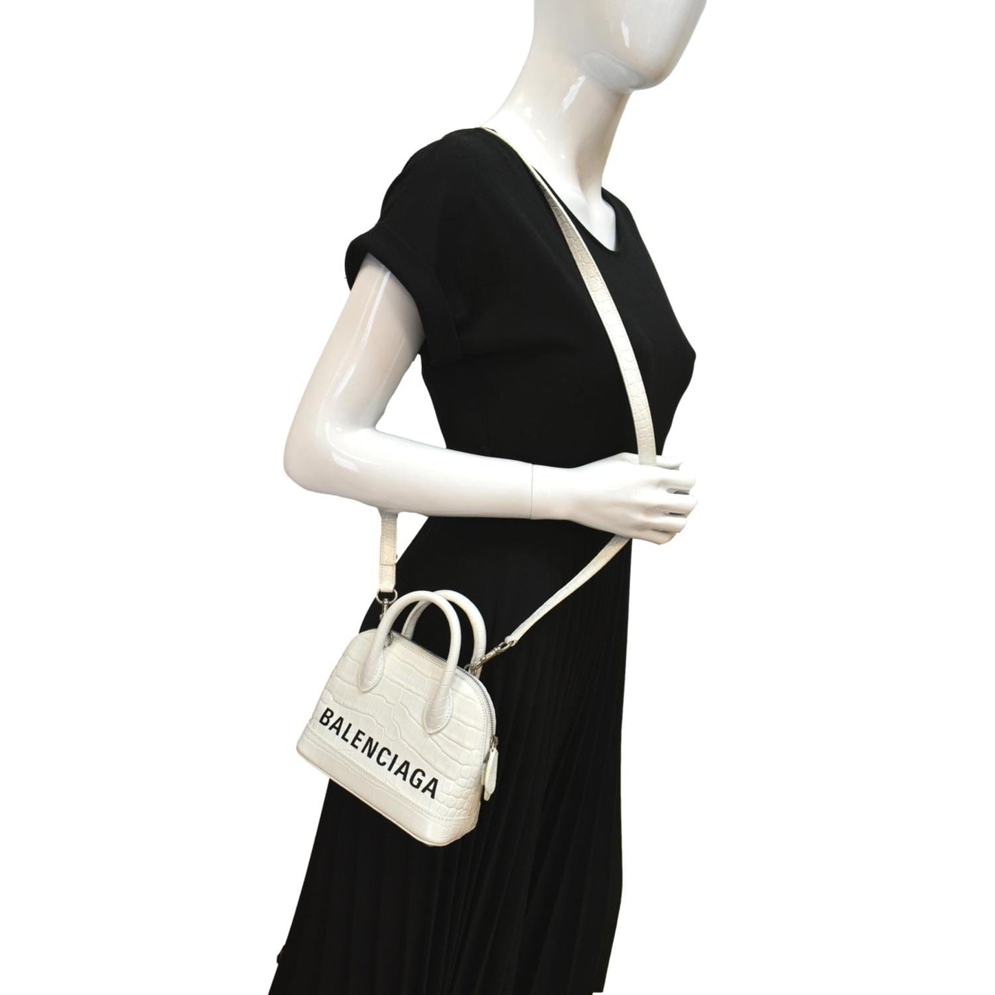 BALENCIAGA Ville Top Handle XXS Crocodile Leather Crossbody Bag White