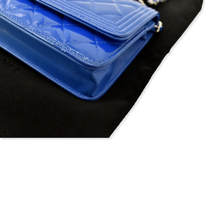 CHANEL Boy WOC Patent Leather Wallet On Chain Clutch Bag Blue
