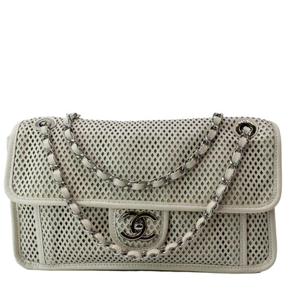 CHANEL Up in the Air Classic Flap Perforated Calfskin Shoulder Bag White