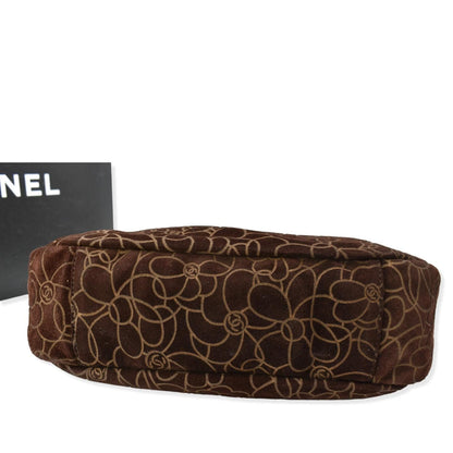 CHANEL Camellia Chain Embossed Suede Medium Shoulder Bag Brown