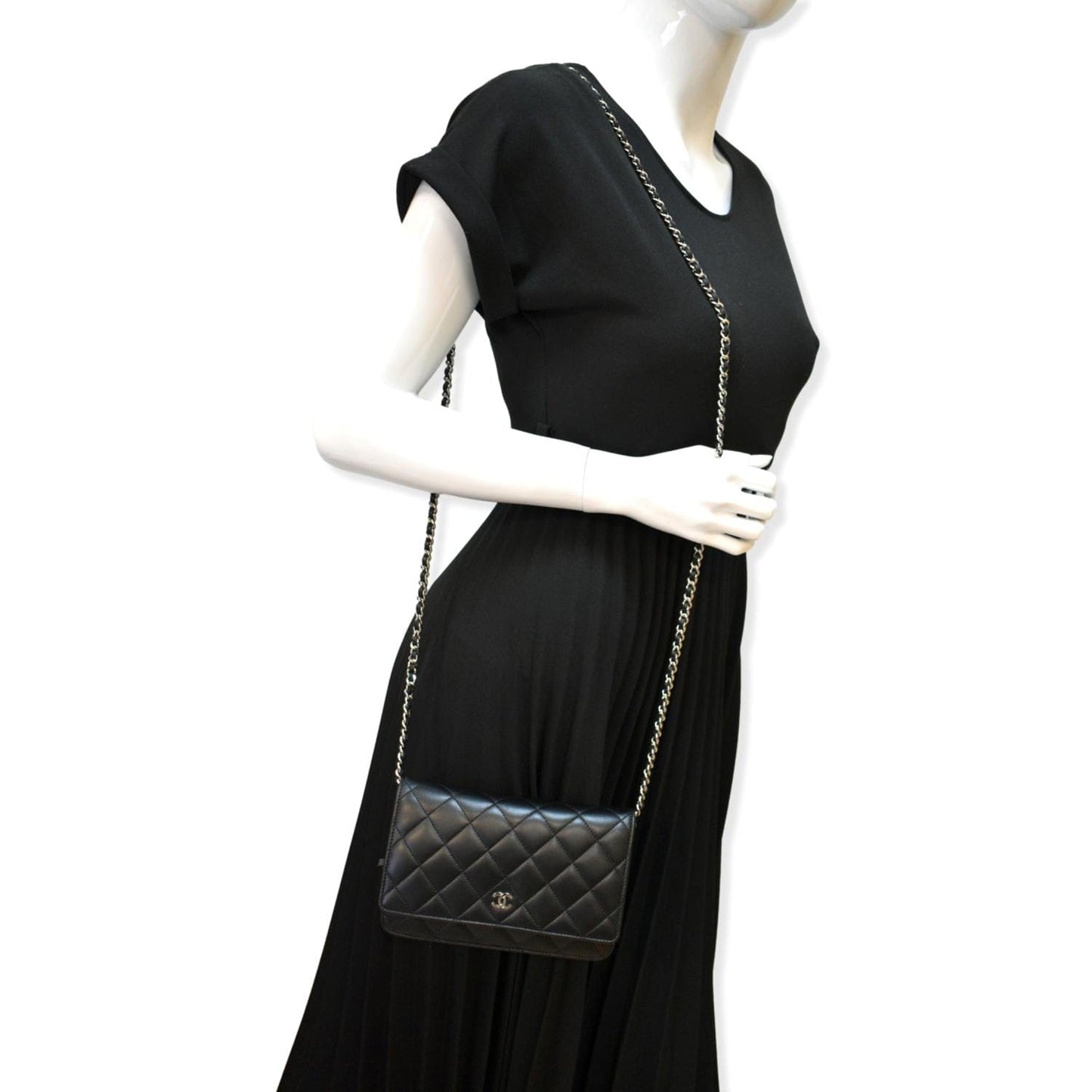 CHANEL Wallet On Chain Lambskin Leather WOC Crossbody Bag Black