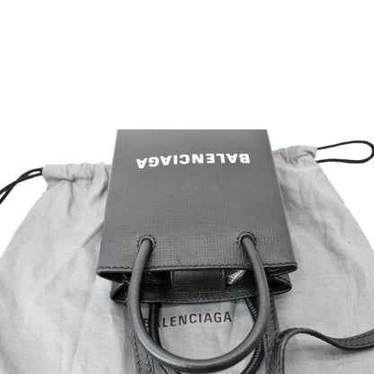 BALENCIAGA Leather Phone Holder Shopping Tote Shoulder Bag Black