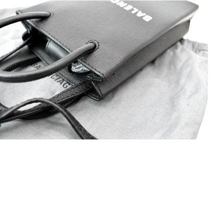 BALENCIAGA Leather Phone Holder Shopping Tote Shoulder Bag Black