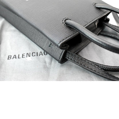 BALENCIAGA Leather Phone Holder Shopping Tote Shoulder Bag Black