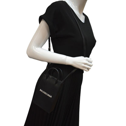 BALENCIAGA Leather Phone Holder Shopping Tote Shoulder Bag Black