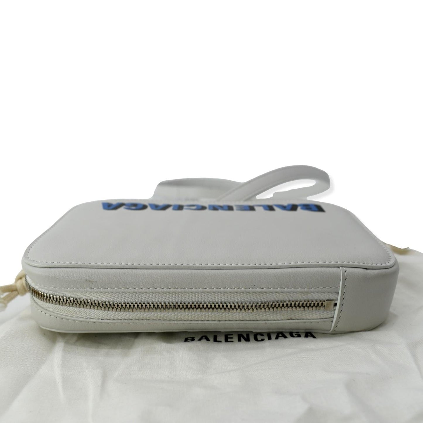 BALENCIAGA Logo Print Leather Strap Cash Phone Holder White