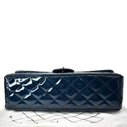 CHANEL Classic Maxi Double Flap Quilted Patent Leather Shoulder Bag Marine