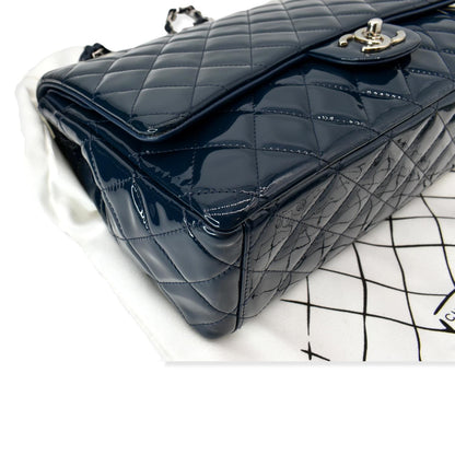 CHANEL Classic Maxi Double Flap Quilted Patent Leather Shoulder Bag Marine