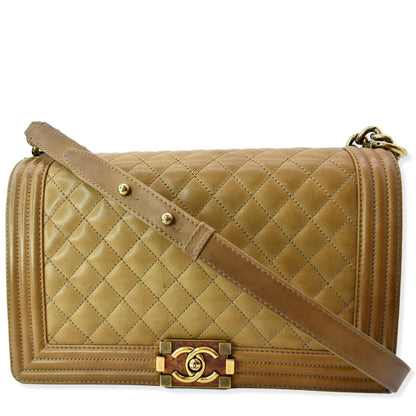CHANEL Medium Boy Flap Leather Shoulder Bag Beige