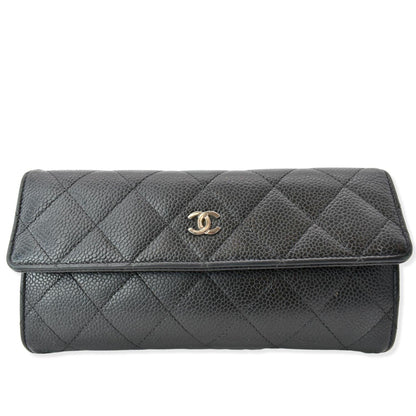 CHANEL Gusset Flap Caviar Leather Wallet Black