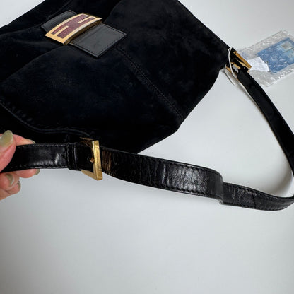 Fendi Mamma Baguette Black Suede Leather Red Buckle