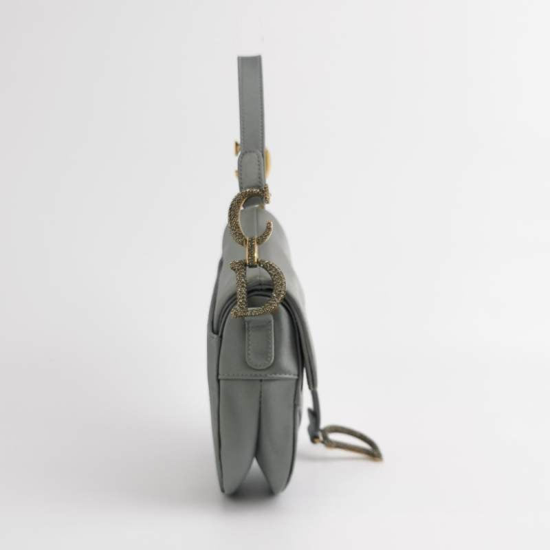 Dior Saddle Mini Silk Blue Grey with Crystal Embedded Buckles