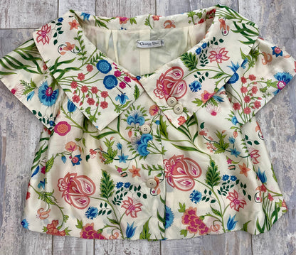 CHRISATIAN DIOR FLORAL PRINTED CROPPED SILK BLOUSE
