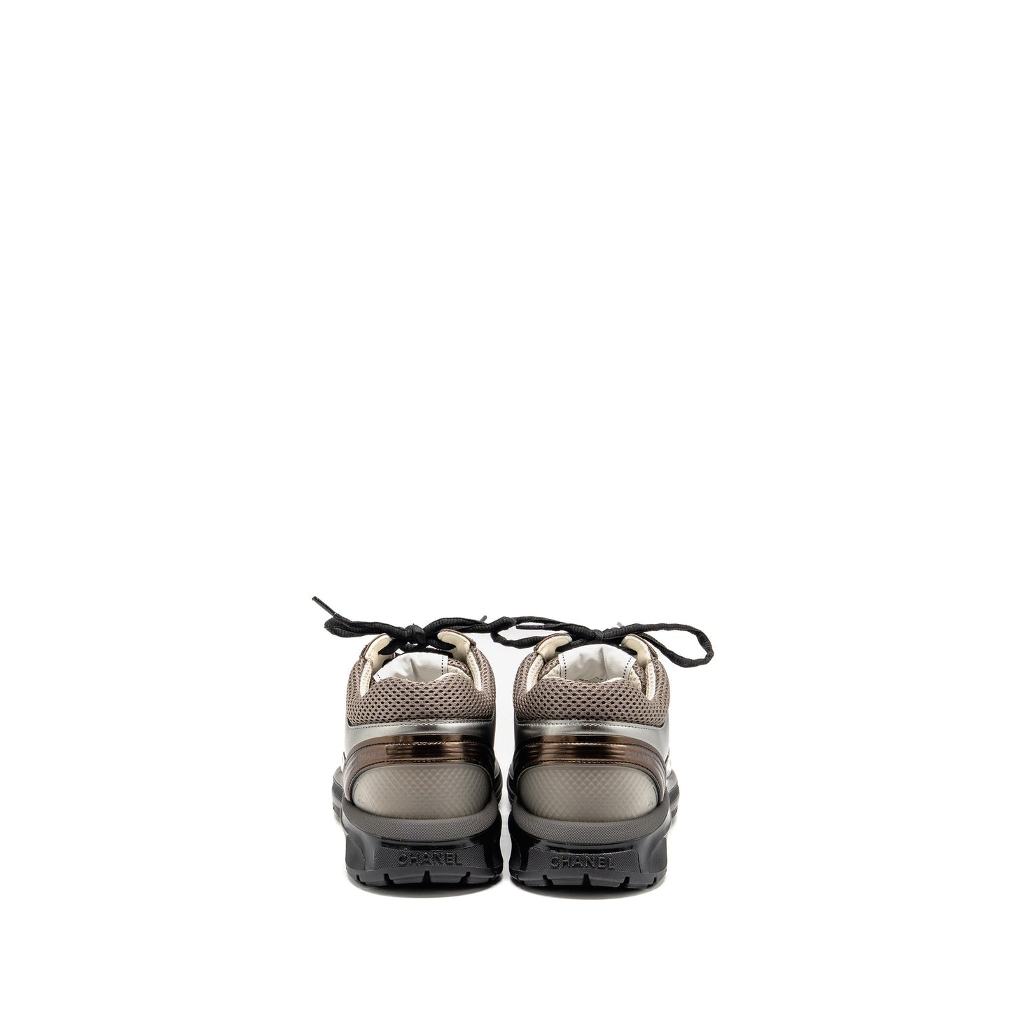 CHANEL SIZE 39 CC LOGO SNEAKERS FABRIC/LAMINATED KHAKI/SILVER/DARK PURPLE
