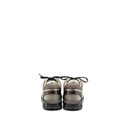 CHANEL SIZE 39 CC LOGO SNEAKERS FABRIC/LAMINATED KHAKI/SILVER/DARK PURPLE