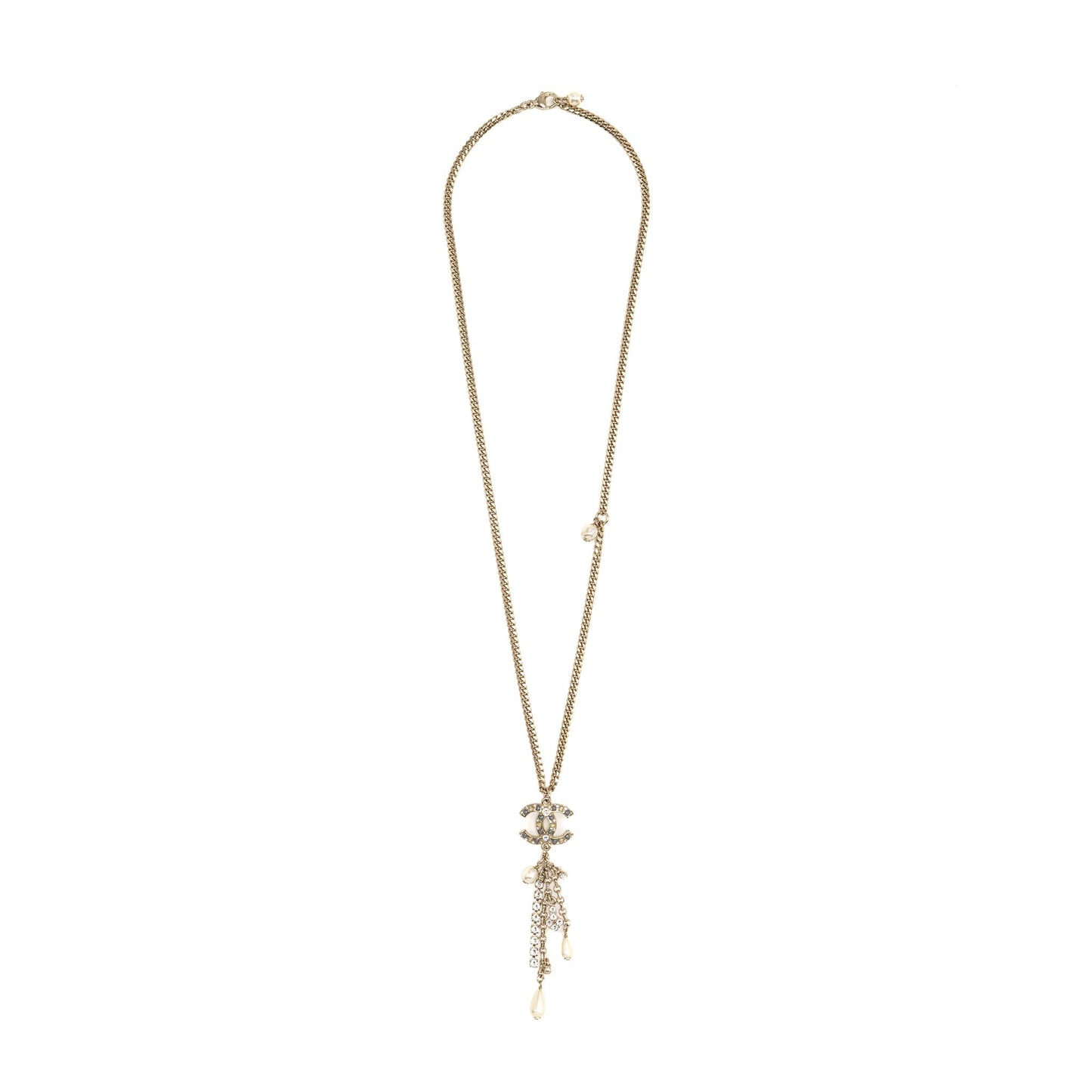 Chanel Pearl and Crystal Drop CC Necklace Multicolour Stones Light Gold Tone