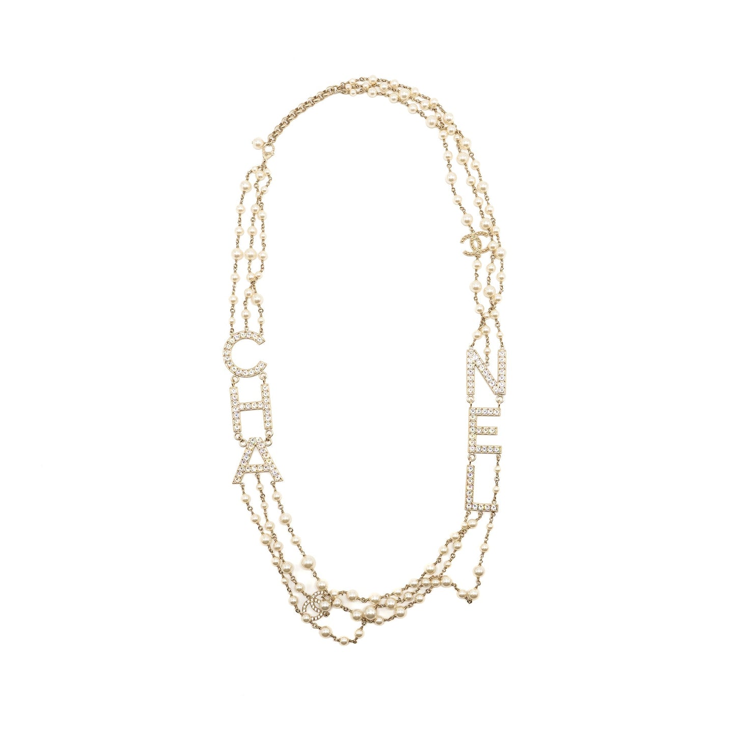 Chanel letter / pearl long giant necklace light gold tone