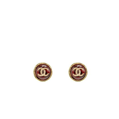 Chanel Round CC Logo Earrings Red Gold Tone