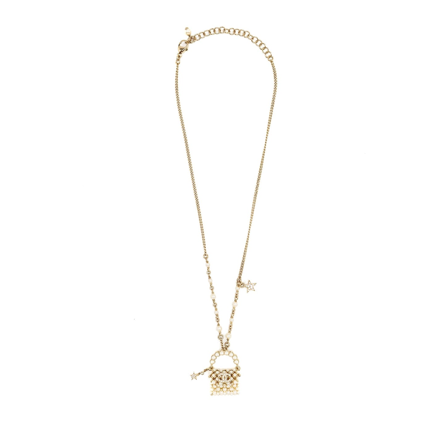 Chanel Mini Pearl Bag Necklace Light Gold Tone