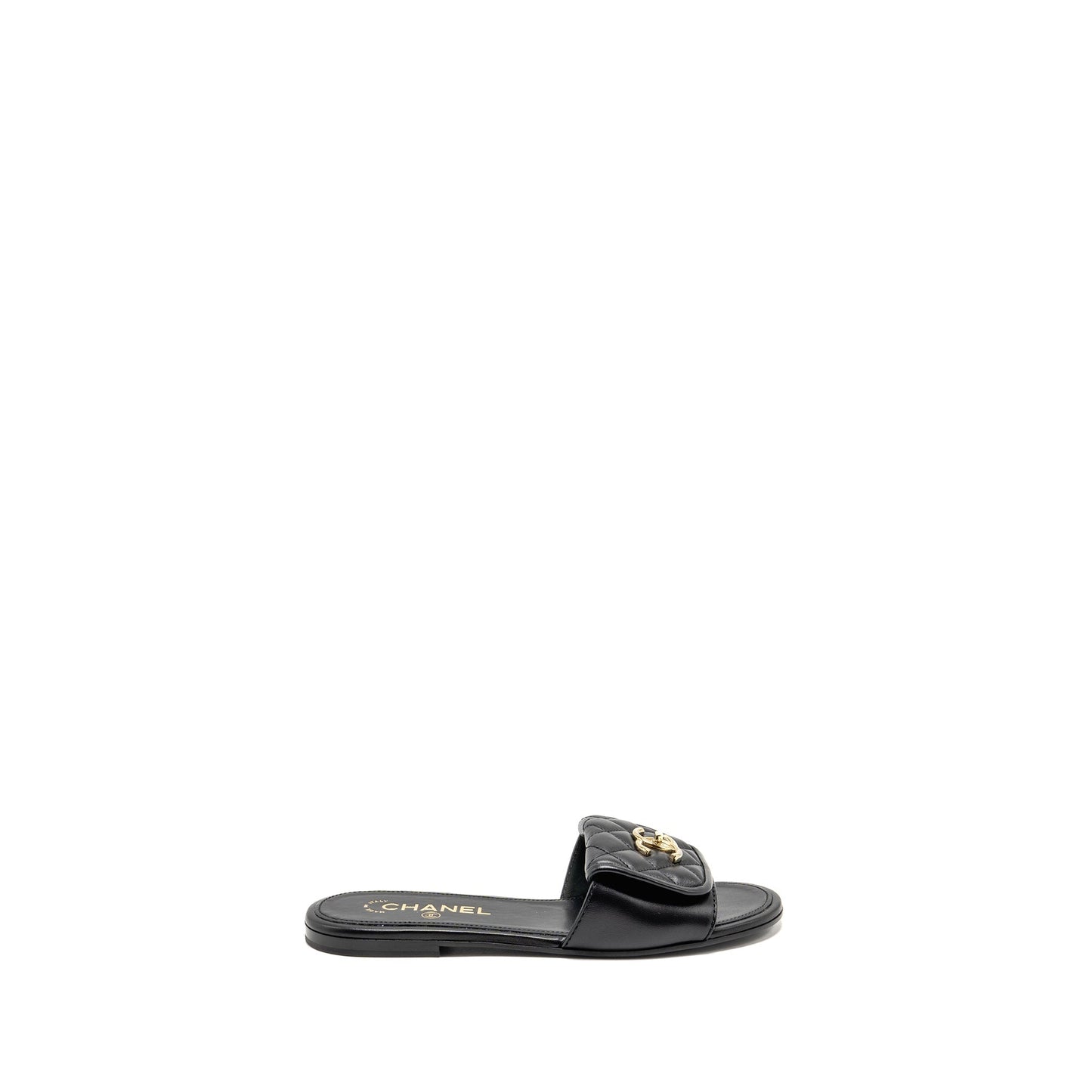 Chanel Size 37.5 Quilted CC Slide Sandals Leather Black LGHW