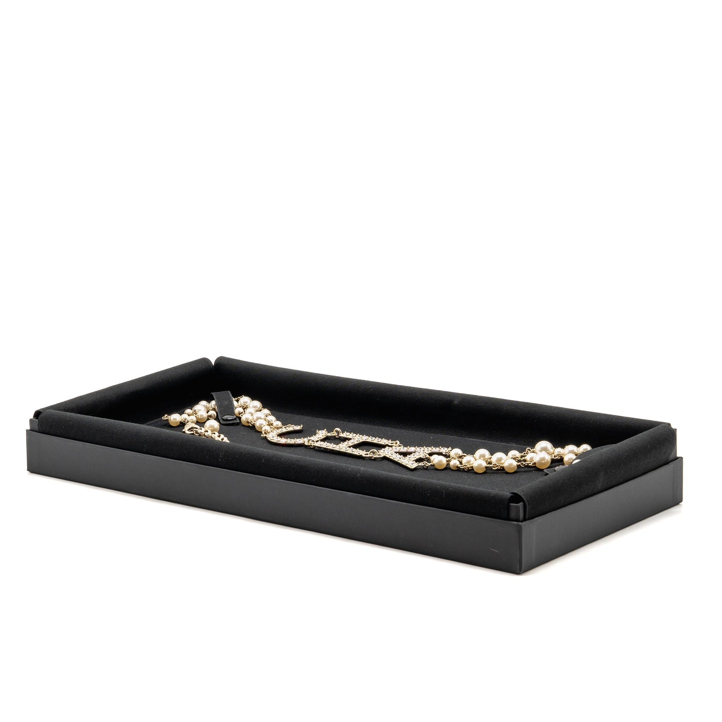 Chanel letter / pearl long giant necklace light gold tone