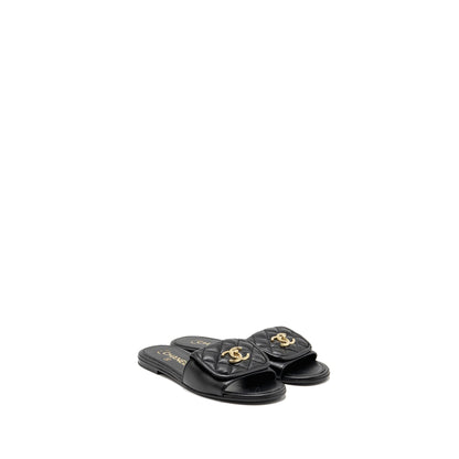 Chanel Size 37.5 Quilted CC Slide Sandals Leather Black LGHW