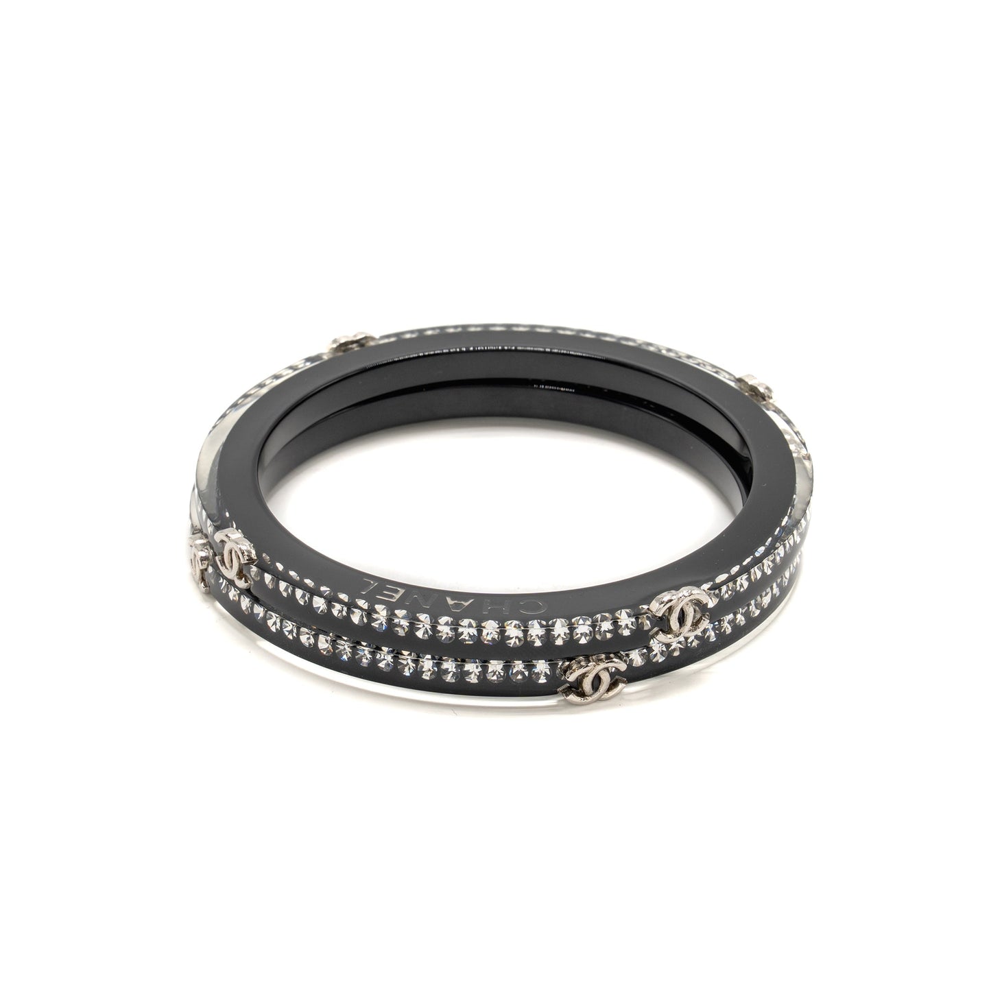 Chanel CC Logo Bracelet Resin / Crystal Black Silver Tone (Sell in a set)