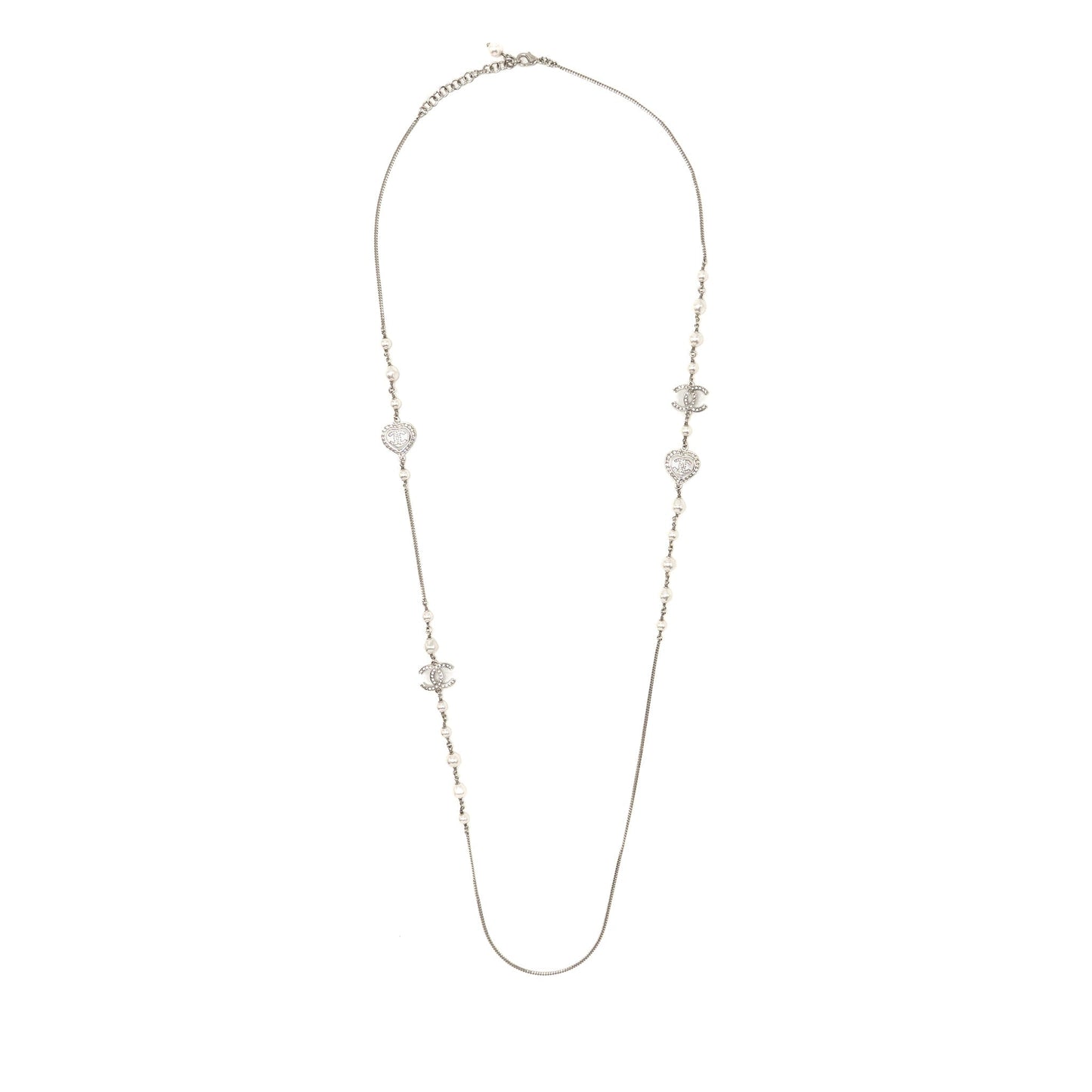 Chanel Crystal Heart Shape/Pearl Long Necklace Silver Tone
