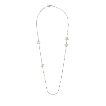 Chanel Crystal Heart Shape/Pearl Long Necklace Silver Tone