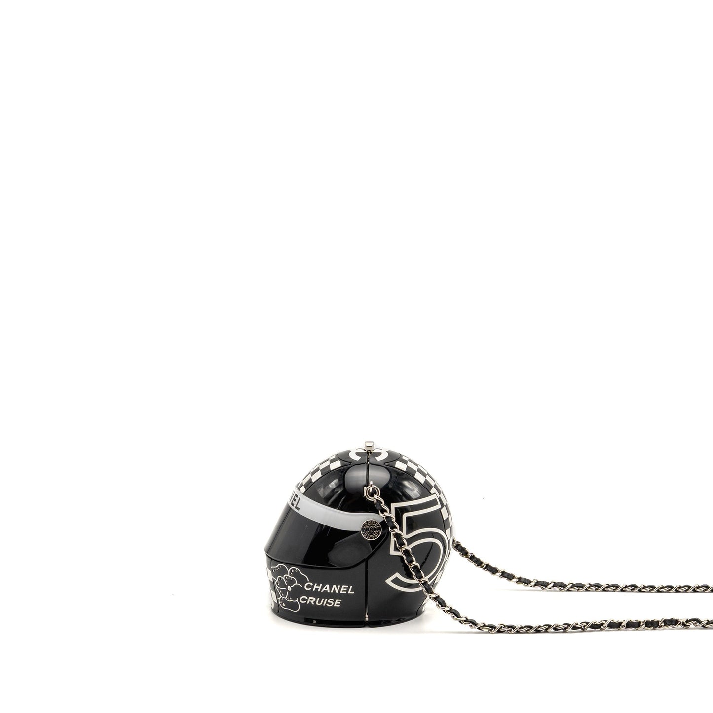 Chanel Monte Carlo Helmet Minaudiere Clutch Bag Plexi/Strass Black/White SHW (Microchip)