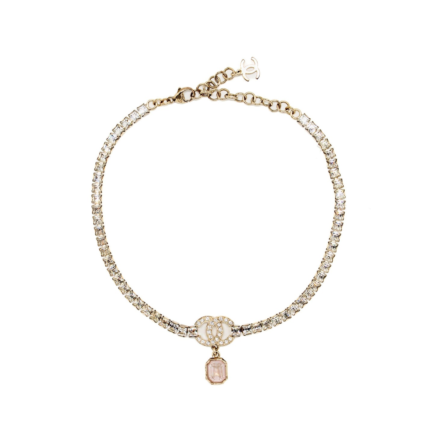 Chanel Pink Crystal Drop CC Logo Chocker/Necklace Light Gold Tone