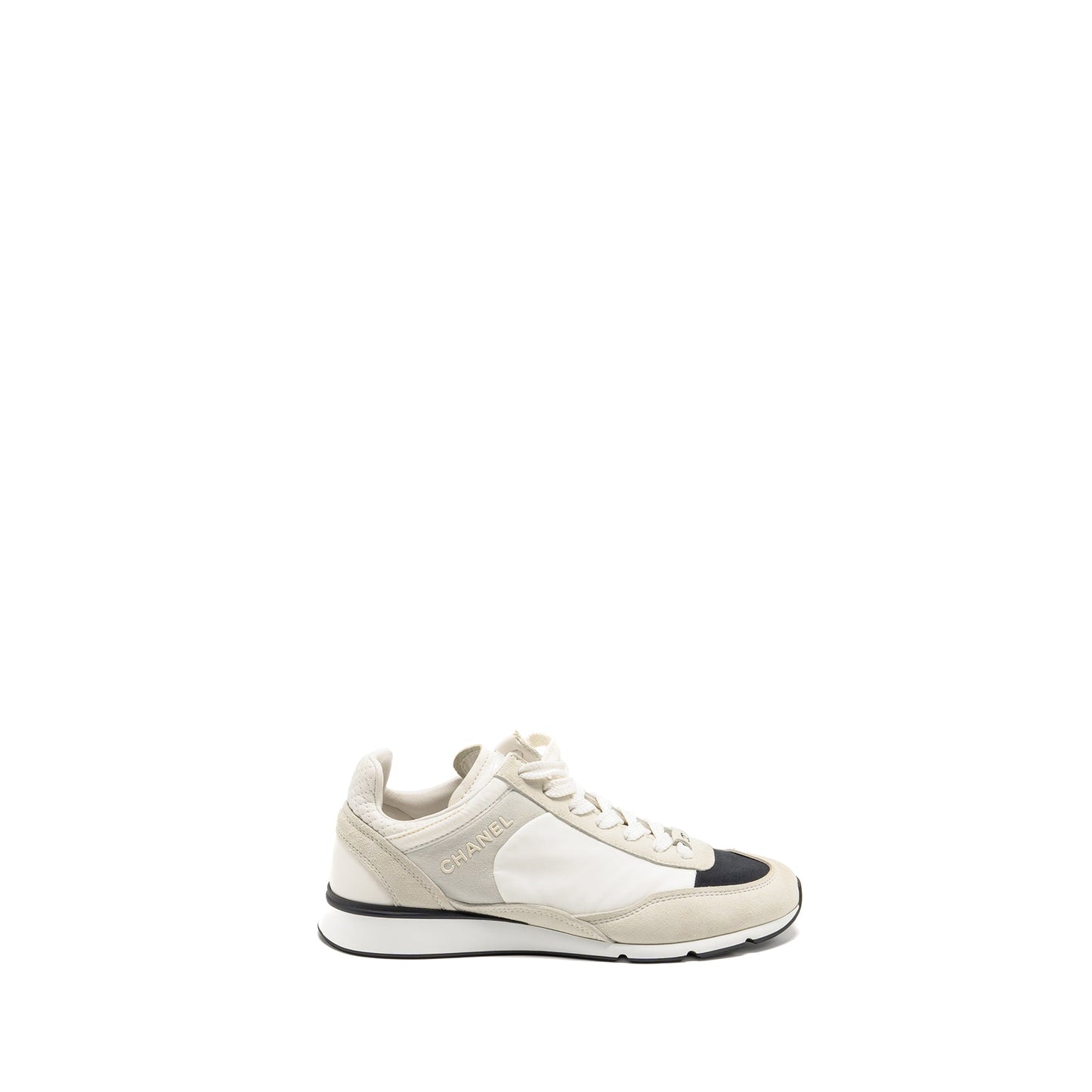Chanel Size 36.5 CC Logo Sneaker Suede/Nylon/Calfskin White/Grey/Black