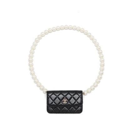 Chanel Card Holder with Maxi Pearls Chain Lambskin Black LGHW
