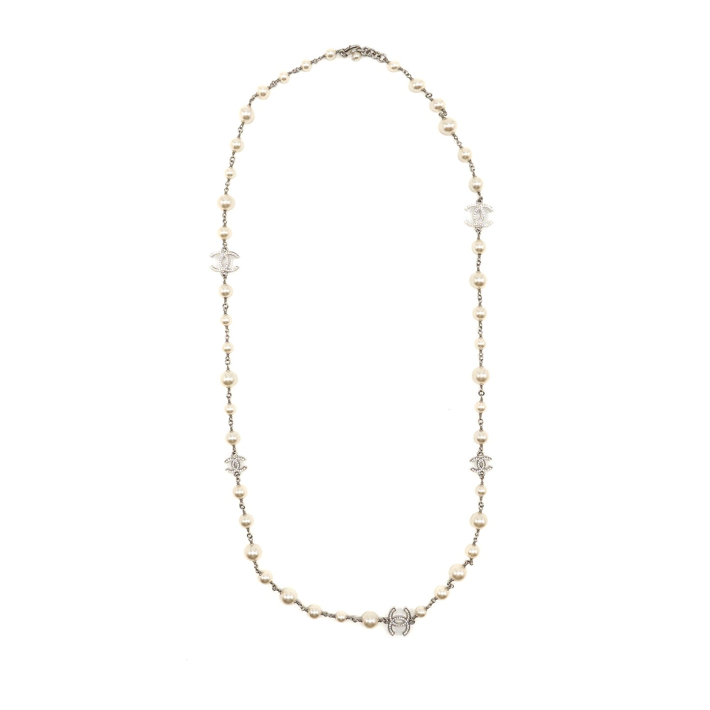 Chanel CC and pearl long necklace silver tone