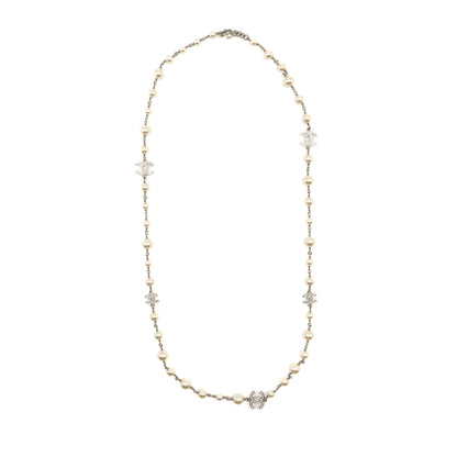Chanel CC and pearl long necklace silver tone