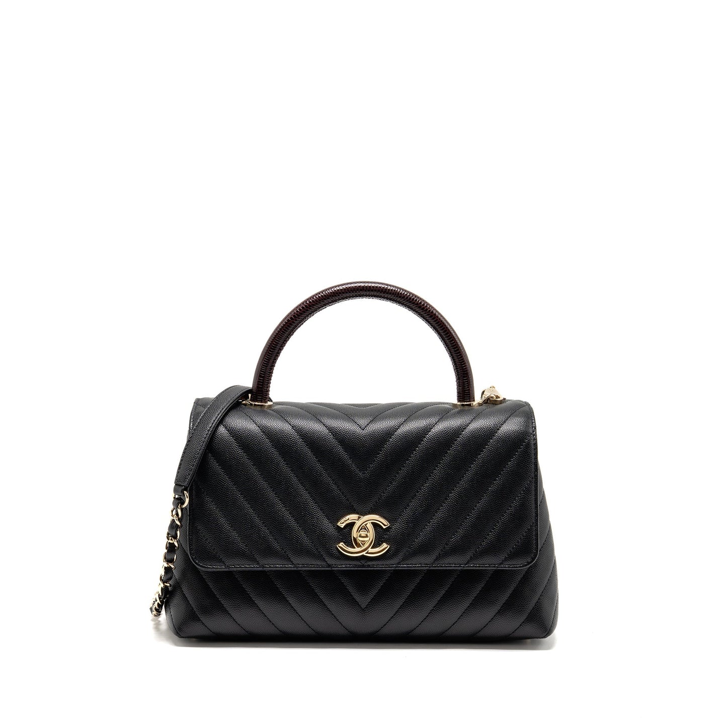 Chanel Medium Chevron Coco Handle Caviar Black / burgundy handle LGHW