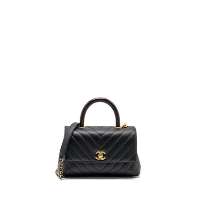 Chanel small coco handle with lizard embossed handle chevron caviar black GHW