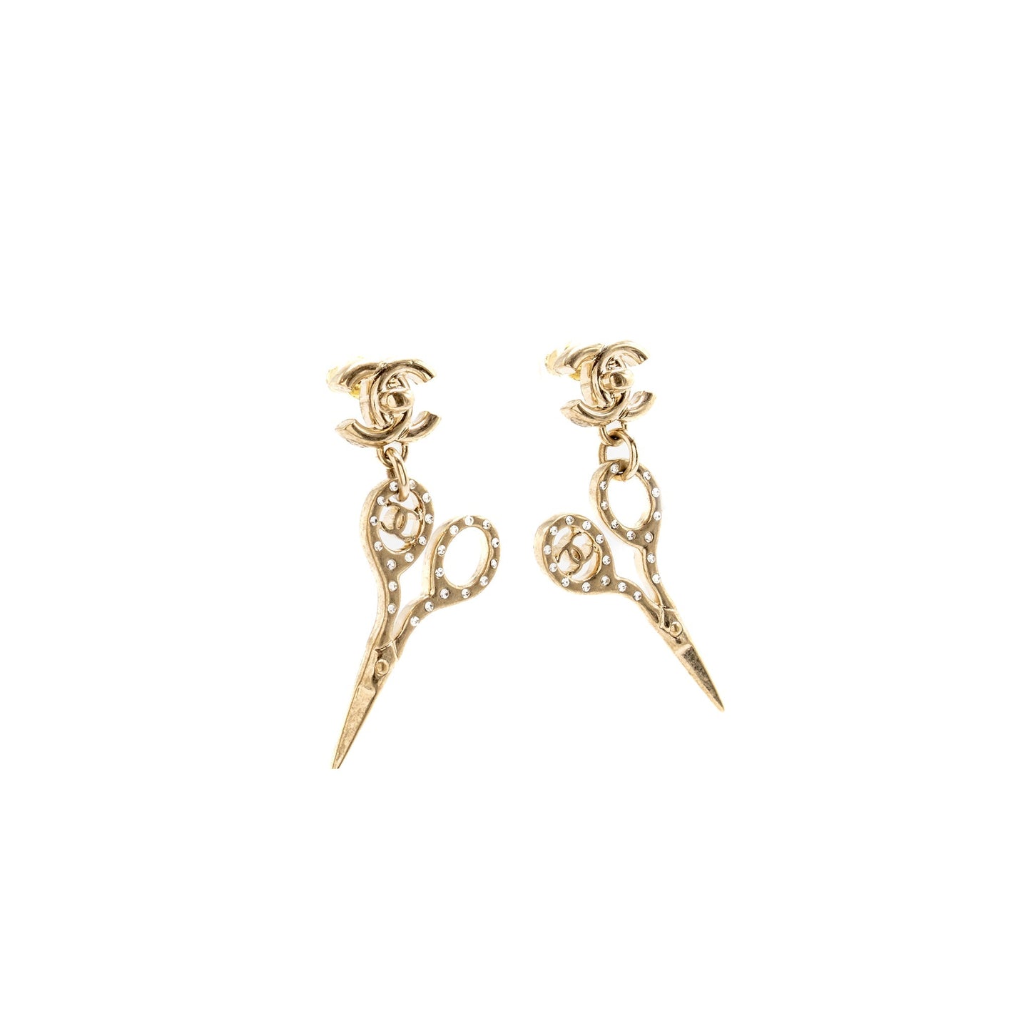 Chanel Scissors Drop CC Earrings Crystal Light Gold Tone