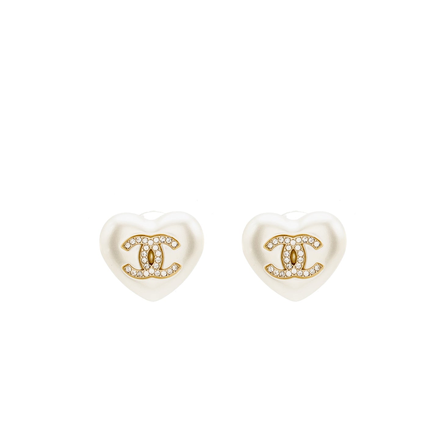 CHANEL Heart Pearl with Crystal CC Logo Earrings Light Gold Tone