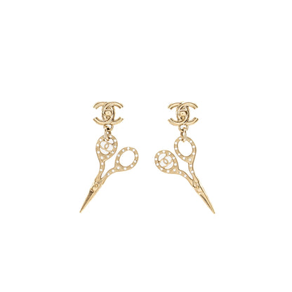 Chanel Scissors Drop CC Earrings Crystal Light Gold Tone