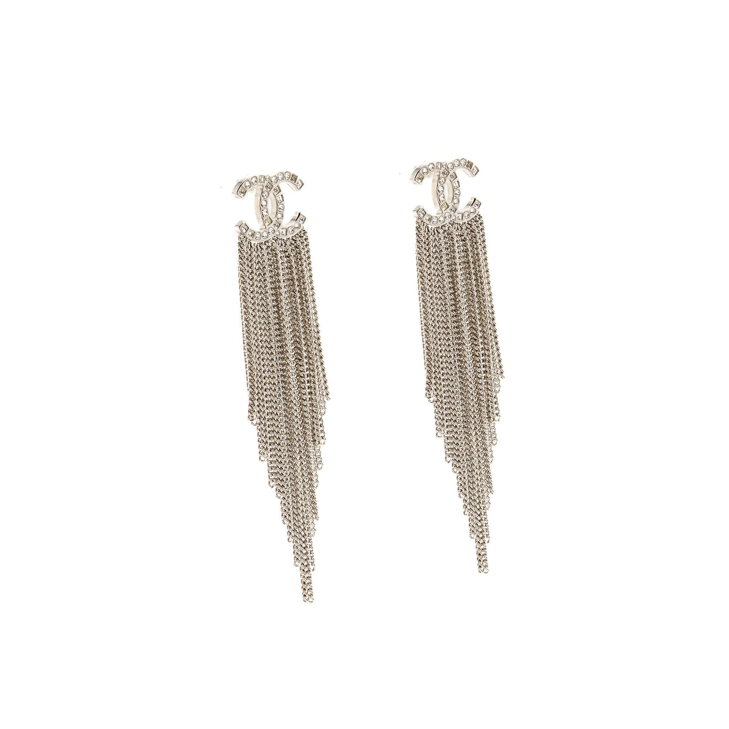 Chanel CC Chain Tassel Drop Earrings Crystal Silver Tone