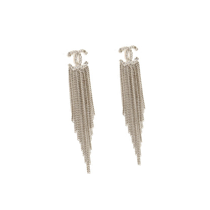 Chanel CC Chain Tassel Drop Earrings Crystal Silver Tone