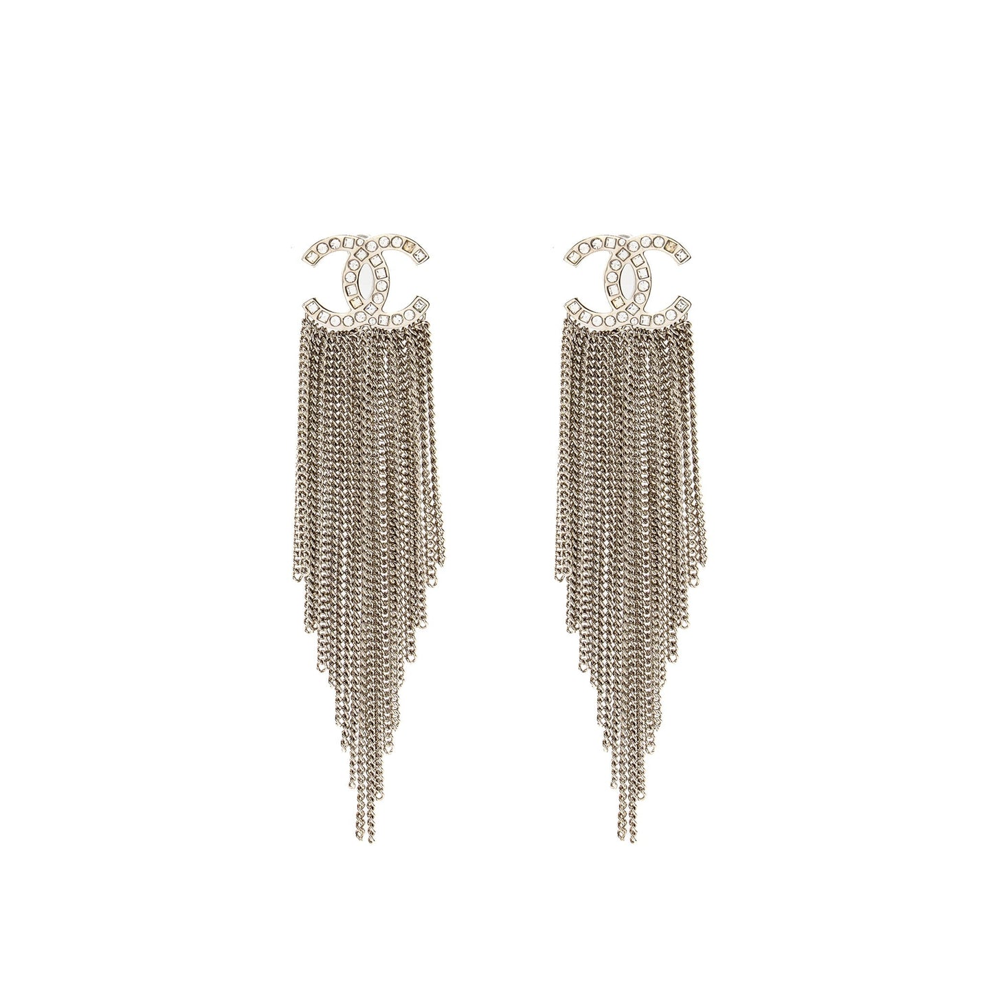 Chanel CC Chain Tassel Drop Earrings Crystal Silver Tone