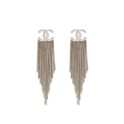 Chanel CC Chain Tassel Drop Earrings Crystal Silver Tone