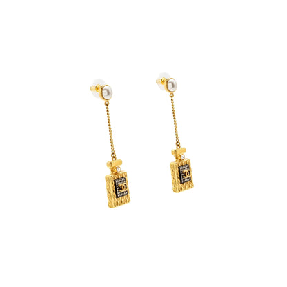 Chanel No.5 Perfume Bottle Drop Earrings Pearl/Crystal Gold Tone